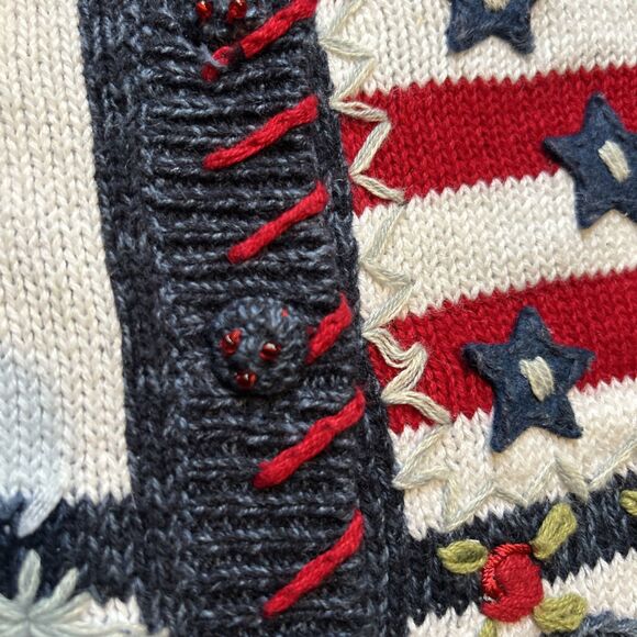 VTG Heirloom Collectibles Women Red White Blue Applique Embroidered Cardigan L - Picture 4 of 6